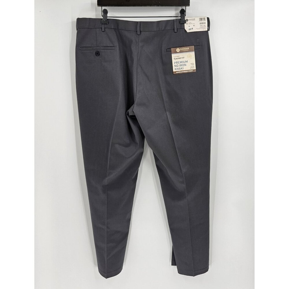 Haggar Pants Mens 42x30 Classic Fit Premium No Iron Khaki Flat Front Gray New - Picture 2 of 5